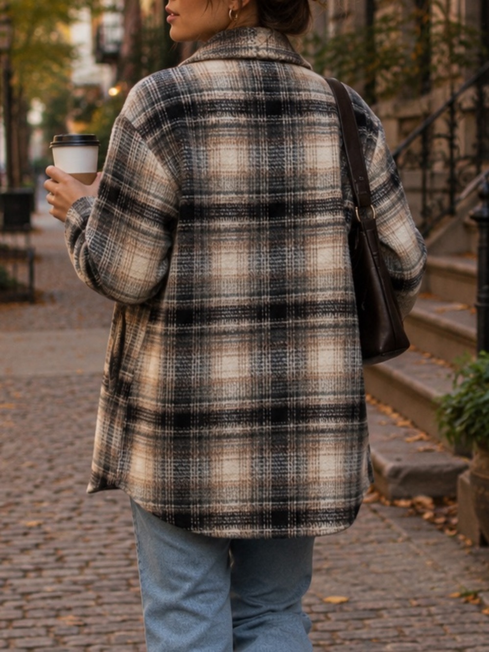 Joe Fresh Fleece Plaid Coat Womens M Neutral Button Front Fall Jacket Preppy EUC